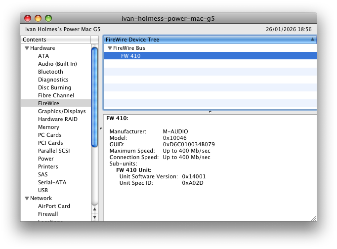 Interface showing as 'FW 410' in System Profiler on Mac OS X 10.5.8