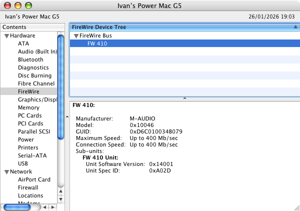 Interface showing as 'FW 410' in System Profiler on Mac OS X 10.4.11