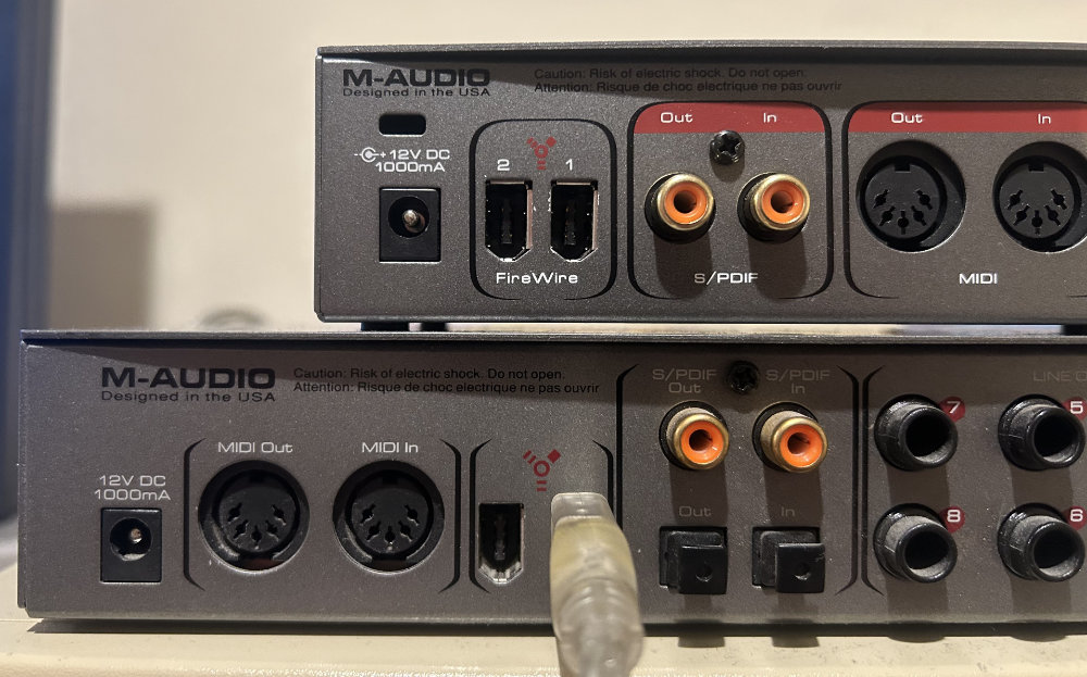 M-Audio FireWire audio interfaces showing correct port to use