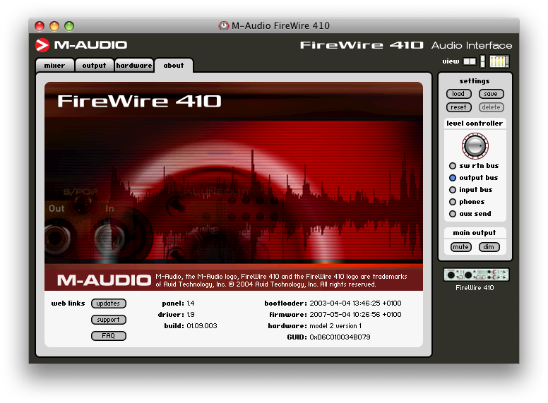 M-Audio FireWire 410 control panel showing correct firmware version on Mac OS X 10.5.8