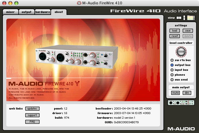 M-Audio FireWire 410 control panel showing correct firmware version on Mac OS X 10.4.11